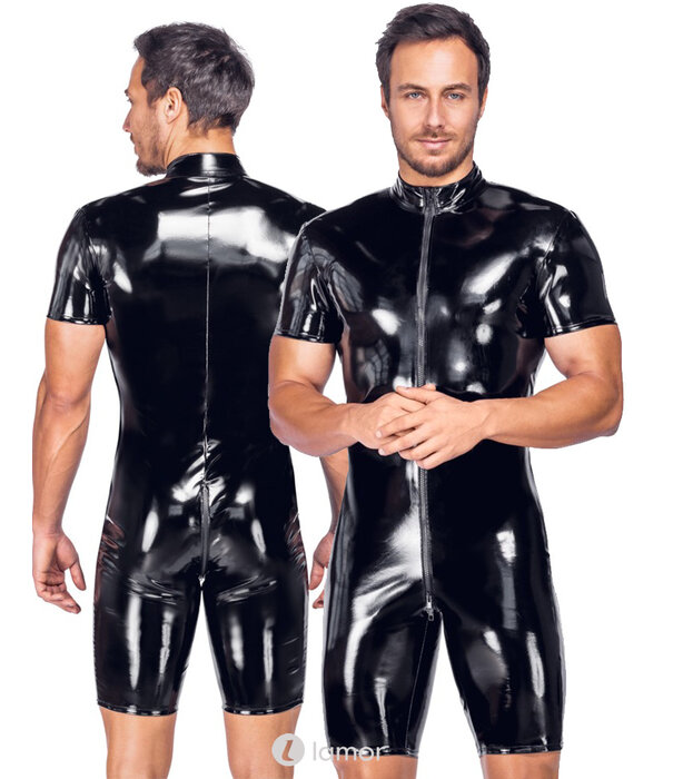 * BLACK LEVEL Zwarte glanzende lak jumpsuit met korte mouwen en pijpen en 3-wegrits van Black Level