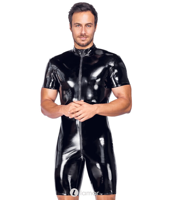 * BLACK LEVEL Zwarte glanzende lak jumpsuit met korte mouwen en pijpen en 3-wegrits van Black Level