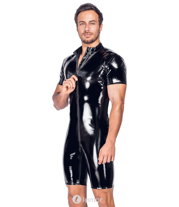 * BLACK LEVEL Zwarte glanzende lak jumpsuit met korte mouwen en pijpen en 3-wegrits van Black Level