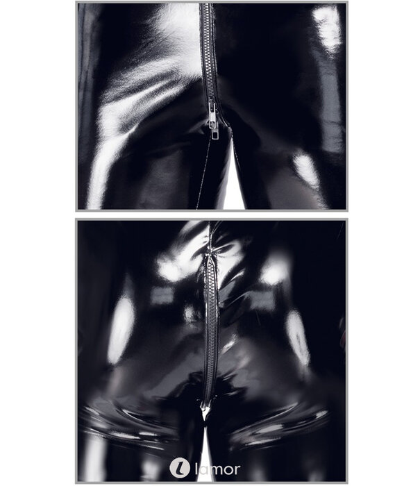 * BLACK LEVEL Zwarte glanzende lak jumpsuit met korte mouwen en pijpen en 3-wegrits van Black Level
