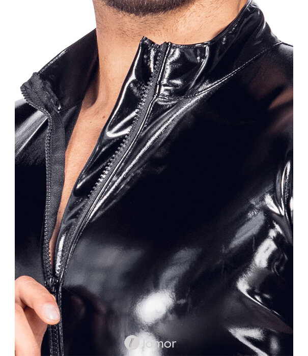 * BLACK LEVEL Zwarte glanzende lak jumpsuit met korte mouwen en pijpen en 3-wegrits van Black Level