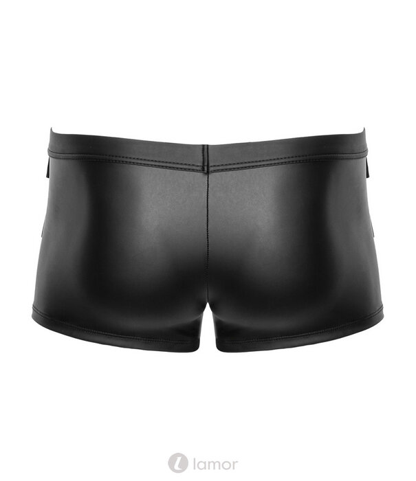 * NEK NEK Strakke short in zwart mattlook met drukknopen in de pouch, klappentasjes en decoratieve D-ringen