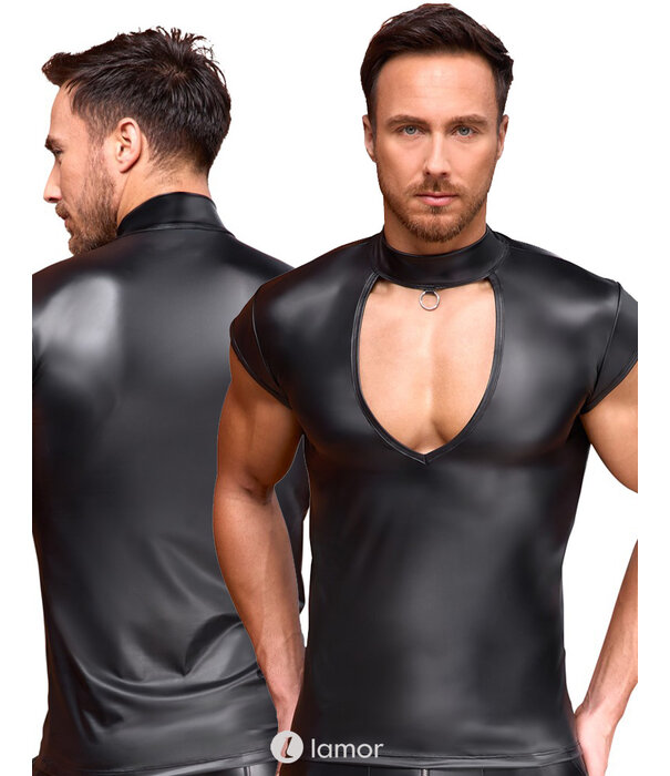 * NEK NEK Zwart aansluitend shirt in glanzende mattlook met V-Cut-out, frontring en elastisch draagcomfort