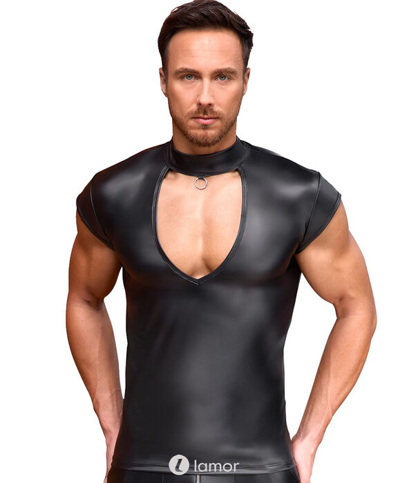 * NEK NEK Zwart aansluitend shirt in glanzende mattlook met V-Cut-out, frontring en elastisch draagcomfort