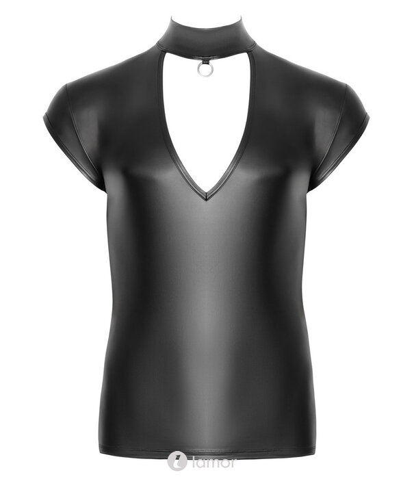 * NEK NEK Zwart aansluitend shirt in glanzende mattlook met V-Cut-out, frontring en elastisch draagcomfort