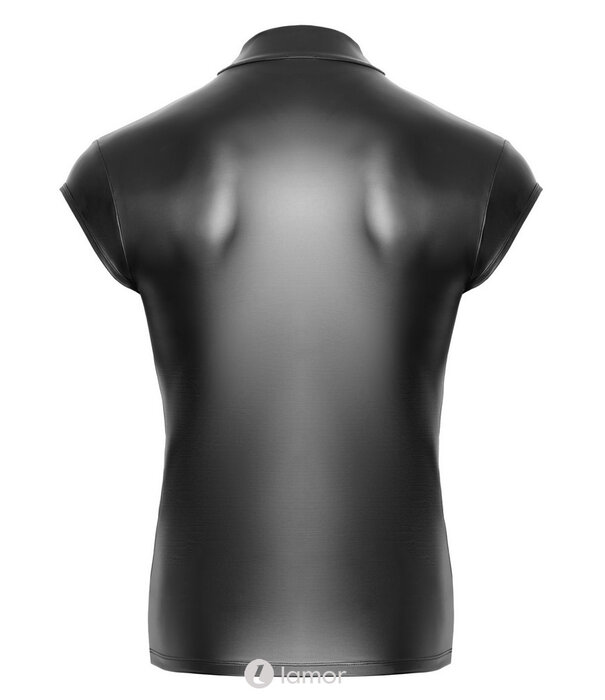 * NEK NEK Zwart aansluitend shirt in glanzende mattlook met V-Cut-out, frontring en elastisch draagcomfort