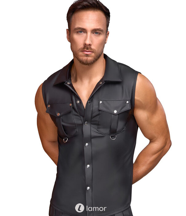 * NEK NEK Mouwloos mattlook shirt in zwart met doorlopende drukknopen, borstzakken en decoratieve D-ringen