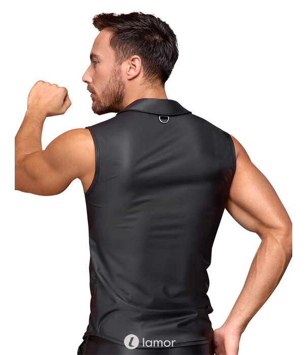 * NEK NEK Mouwloos mattlook shirt in zwart met doorlopende drukknopen, borstzakken en decoratieve D-ringen