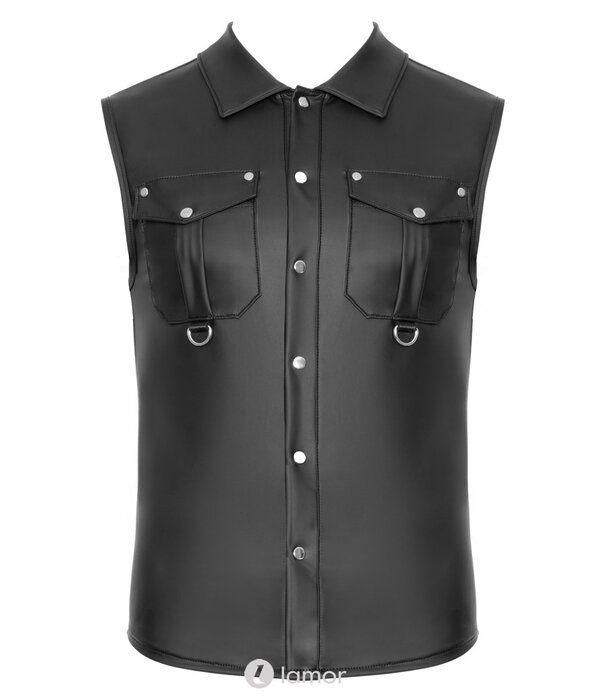 * NEK NEK Mouwloos mattlook shirt in zwart met doorlopende drukknopen, borstzakken en decoratieve D-ringen