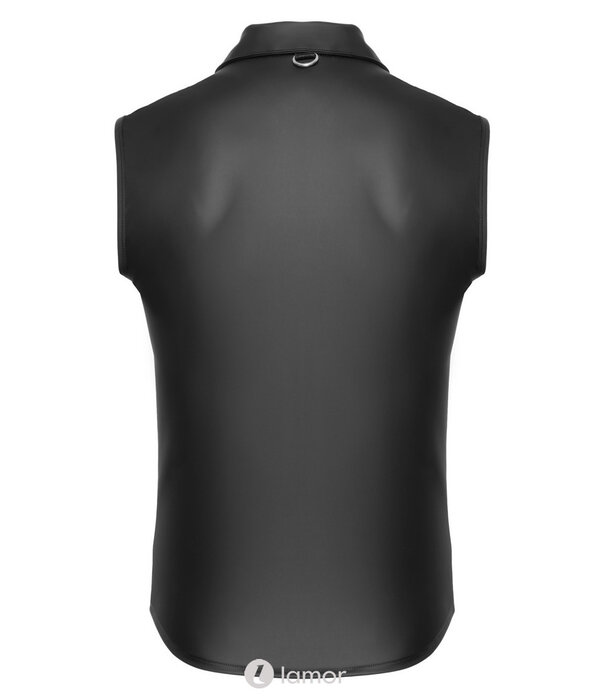 * NEK NEK Mouwloos mattlook shirt in zwart met doorlopende drukknopen, borstzakken en decoratieve D-ringen