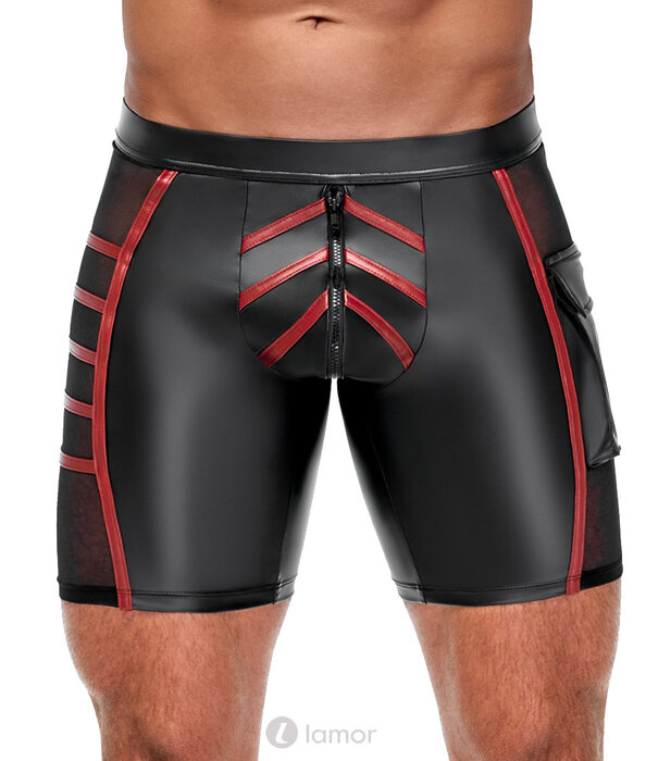 * NEK Strakke zwarte Mattlook shorts van NEK met rode contraststrepen, net-inzetten en klappenzak