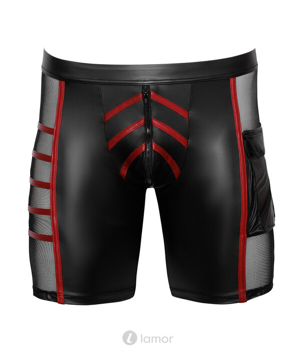* NEK Strakke zwarte Mattlook shorts van NEK met rode contraststrepen, net-inzetten en klappenzak