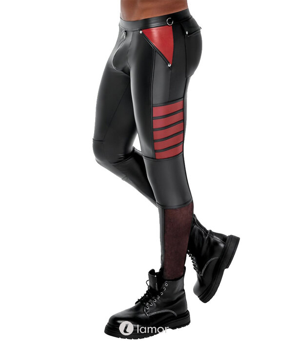 * NEK Strakke zwarte Mattlook herenbroek van NEK met rode contrasten, net-inzetten, ringen en zakken