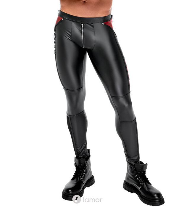 * NEK Strakke zwarte Mattlook herenbroek van NEK met rode contrasten, net-inzetten, ringen en zakken