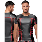 Strak zwart Mattlook heren shirt van NEK met rode strepen en transparante net-inzetten