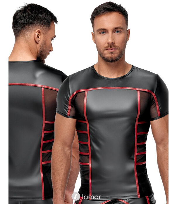 * NEK Strak zwart Mattlook heren shirt van NEK met rode strepen en transparante net-inzetten