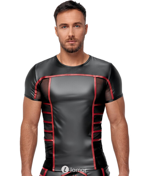 * NEK Strak zwart Mattlook heren shirt van NEK met rode strepen en transparante net-inzetten