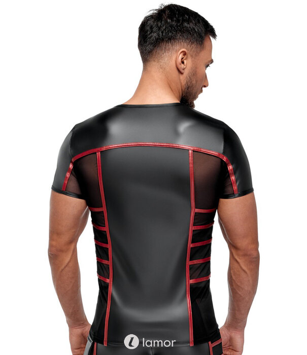 * NEK Strak zwart Mattlook heren shirt van NEK met rode strepen en transparante net-inzetten