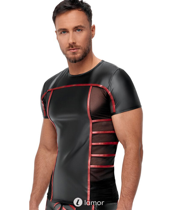 * NEK Strak zwart Mattlook heren shirt van NEK met rode strepen en transparante net-inzetten