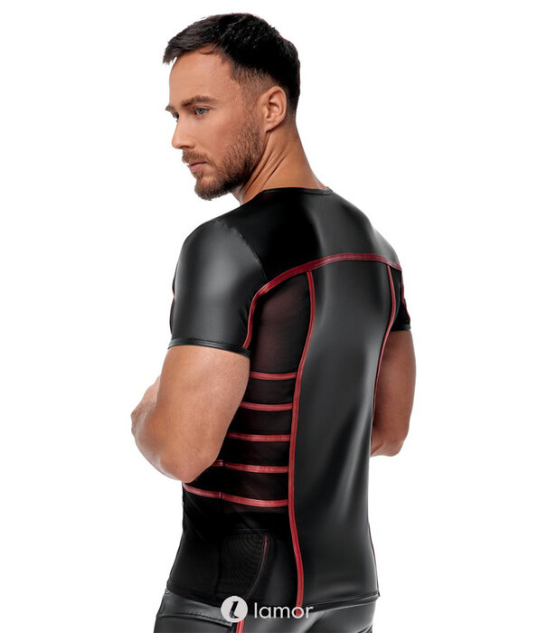 * NEK Strak zwart Mattlook heren shirt van NEK met rode strepen en transparante net-inzetten