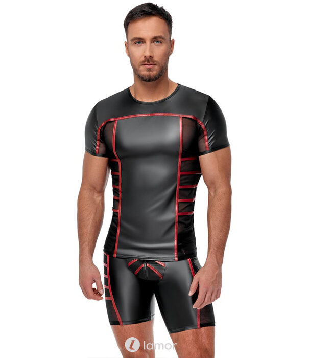 * NEK Strak zwart Mattlook heren shirt van NEK met rode strepen en transparante net-inzetten