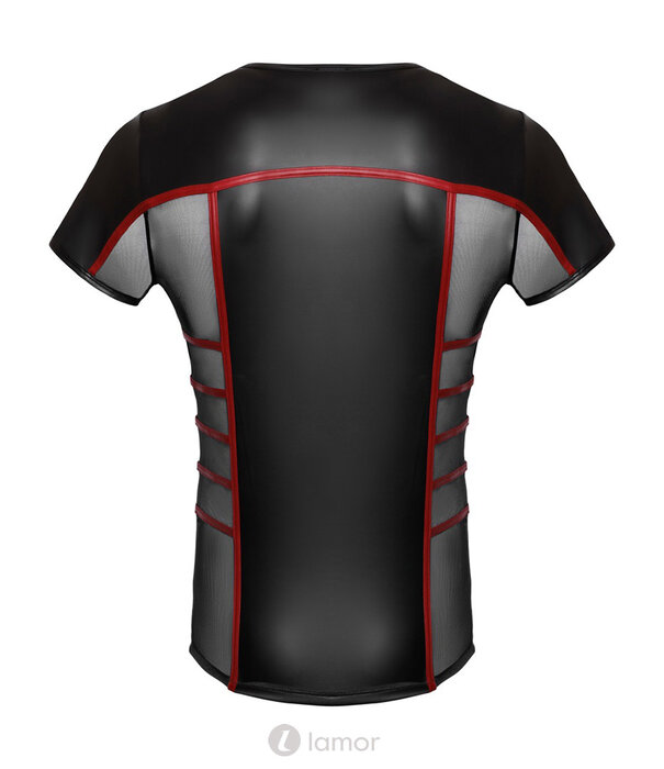 * NEK Strak zwart Mattlook heren shirt van NEK met rode strepen en transparante net-inzetten