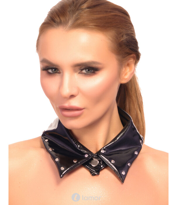 * 7-HEAVEN Zwarte Lak Kraag met Metalen Nieten en Drukknop – Fetish Accessoires