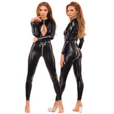 Zwarte glanzende Wetlook Catsuit CS102 met 3-weg rits en afneembare riem