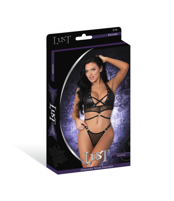 Male Power Nadia - Diamant Gaas Haltertop en Ring String met Ringen Klemmen en Studs - S/M - Zwart