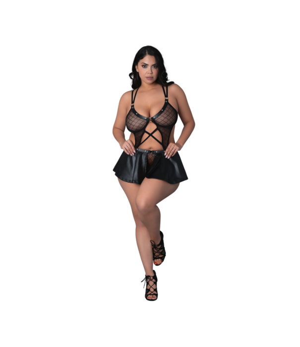 Male Power Anastasia - Cami Open Scrotch Rok Panty en Bh met Ringen en Studs - 2X - Zwart