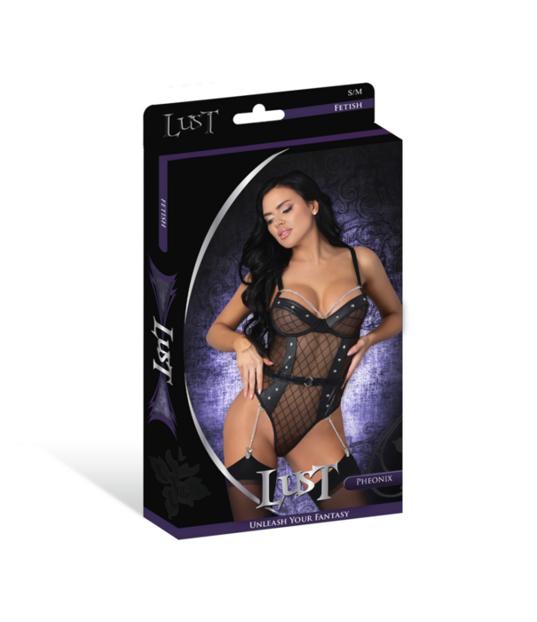 Male Power Phoenix - Diamanten Gaas Teddy en Kousenband met Kettingen, Ringen en Studs - L/X - Zwart