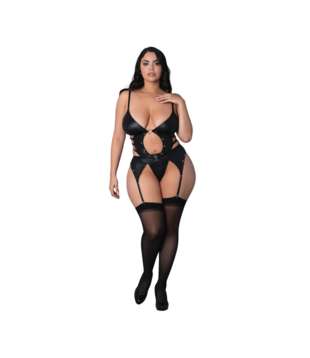 Kira - Open Front Basque met Kousenbanden en String - 2X - Zwart