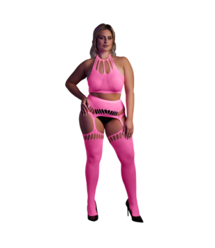 Twee-delige set met crop top en kousen - Plus Size - Neon Roze