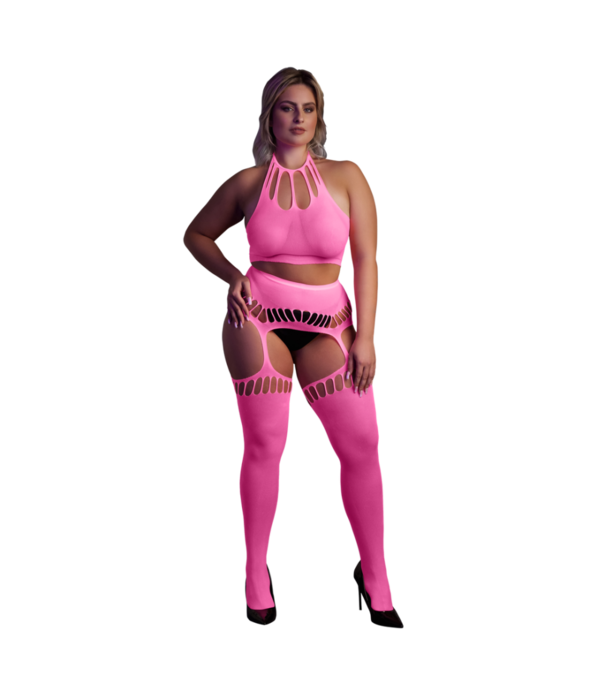 Ouch! by Shots Twee-delige set met crop top en kousen - Plus Size - Neon Roze