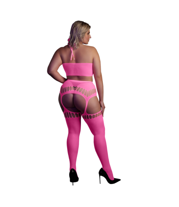 Ouch! by Shots Twee-delige set met crop top en kousen - Plus Size - Neon Roze