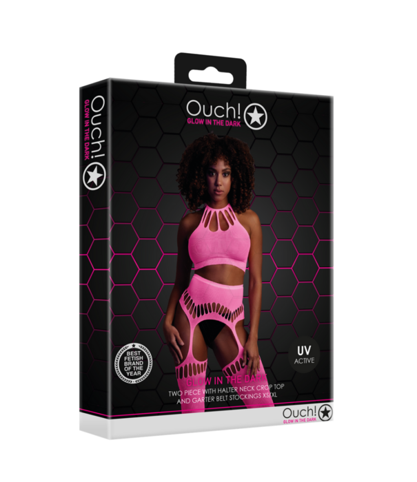 Ouch! by Shots Twee Delige Set met Crop Top en Kousen - One Size - Neon Roze