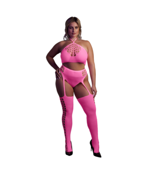 Twee Delige Set met Crop Top en Kousen - Plus Size - Neon Roze