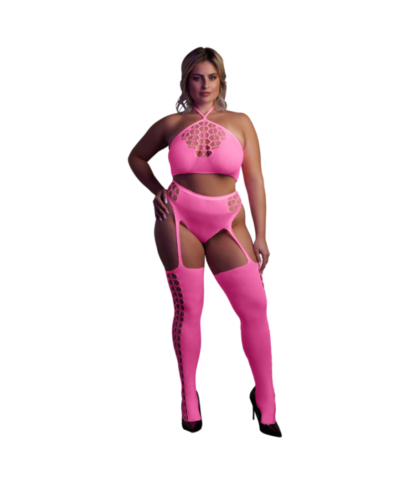 Ouch! by Shots Twee Delige Set met Crop Top en Kousen - Plus Size - Neon Roze