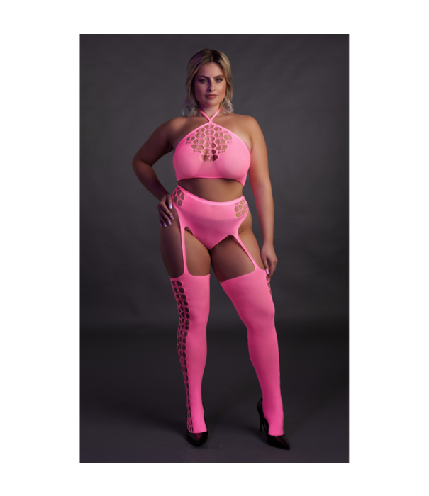 Ouch! by Shots Twee Delige Set met Crop Top en Kousen - Plus Size - Neon Roze