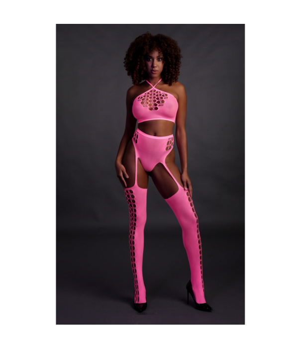 Ouch! by Shots Twee-delige set met crop top en kousen - Één maat - Neonroze