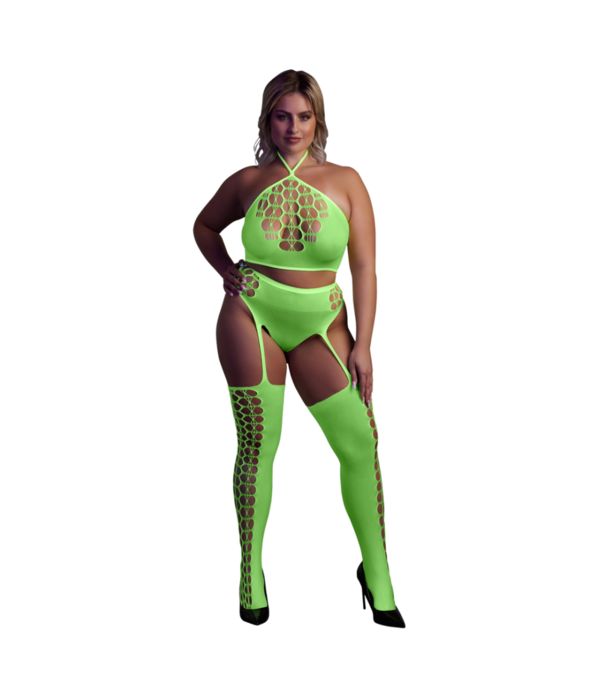 Ouch! by Shots Twee-delige set met crop top en kousen - Plus Size - Neon Groen
