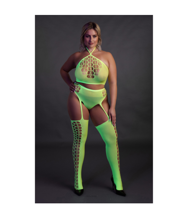 Ouch! by Shots Twee-delige set met crop top en kousen - Plus Size - Neon Groen