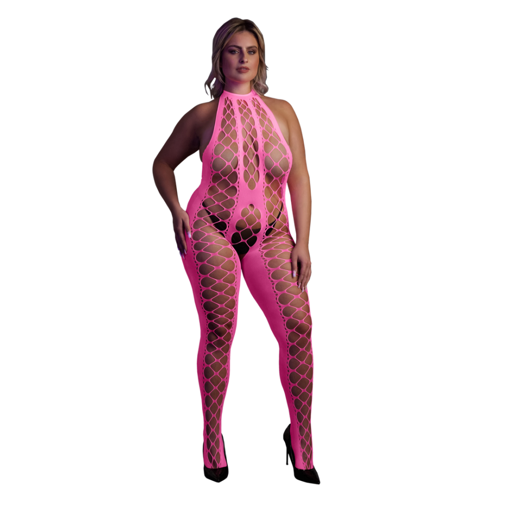 Ouch! by Shots Bodystocking met Halterneck - Plus Size - Neon Roze afbeelding