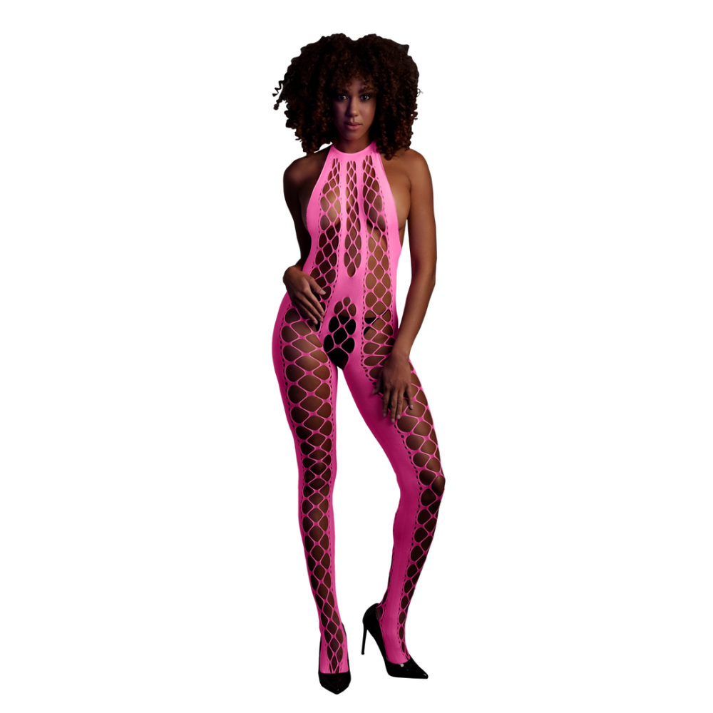 Ouch! by Shots Bodystocking met Halterneck - One Size - Neon Pink afbeelding