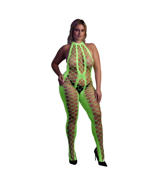 Ouch! by Shots Bodystocking met Halterneck - Plus Size - Neon Groen