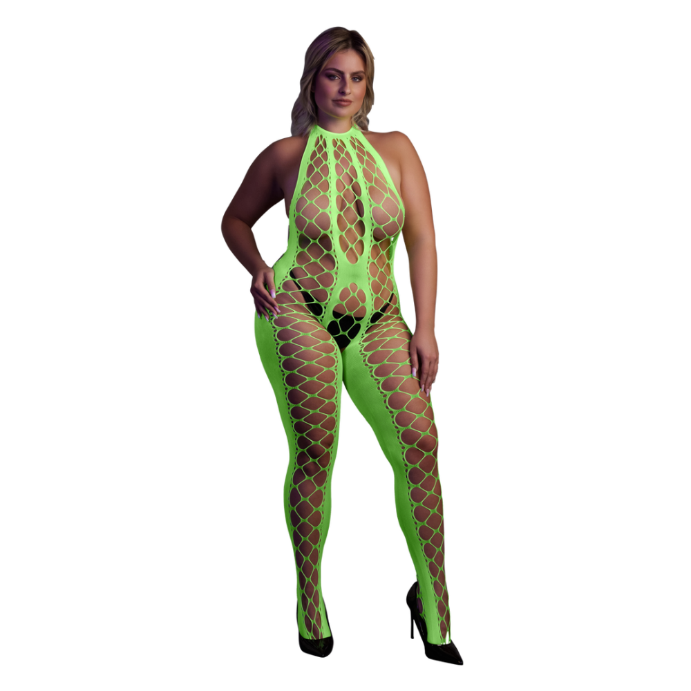 Ouch! by Shots Bodystocking met Halterneck - Plus Size - Neon Groen afbeelding