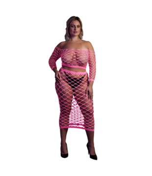 Langemouwen Crop Top en Lange Rok - Plus Size - Neon Roze