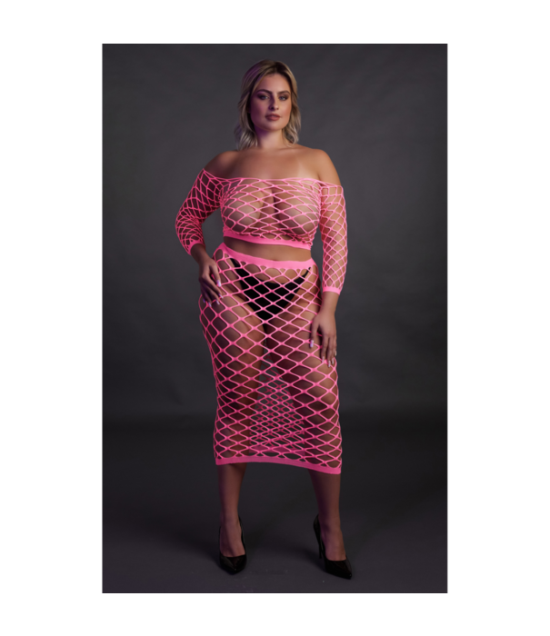 Ouch! by Shots Langemouwen Crop Top en Lange Rok - Plus Size - Neon Roze