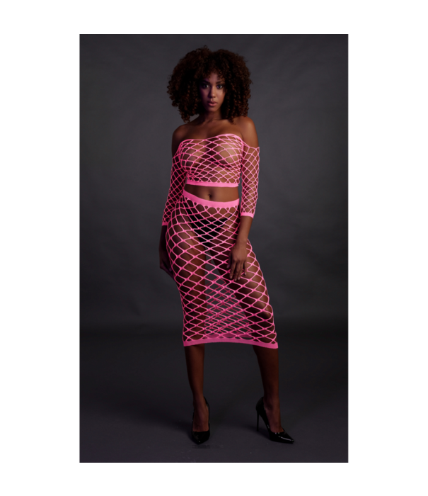 Ouch! by Shots Langarm Crop Top en Lange Rok - One Size - Neon Roze