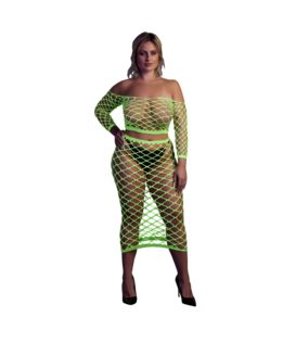 Langermige Crop Top en Lange Rok - Plus Size - Neon Groen